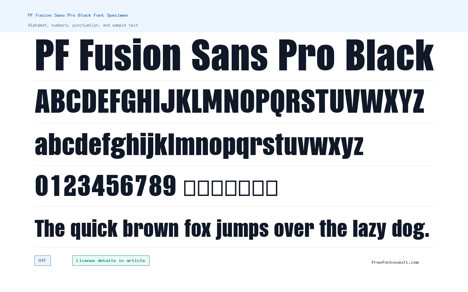 PF Fusion Sans Pro Black font specimen showing alphabet, numbers, and sample text