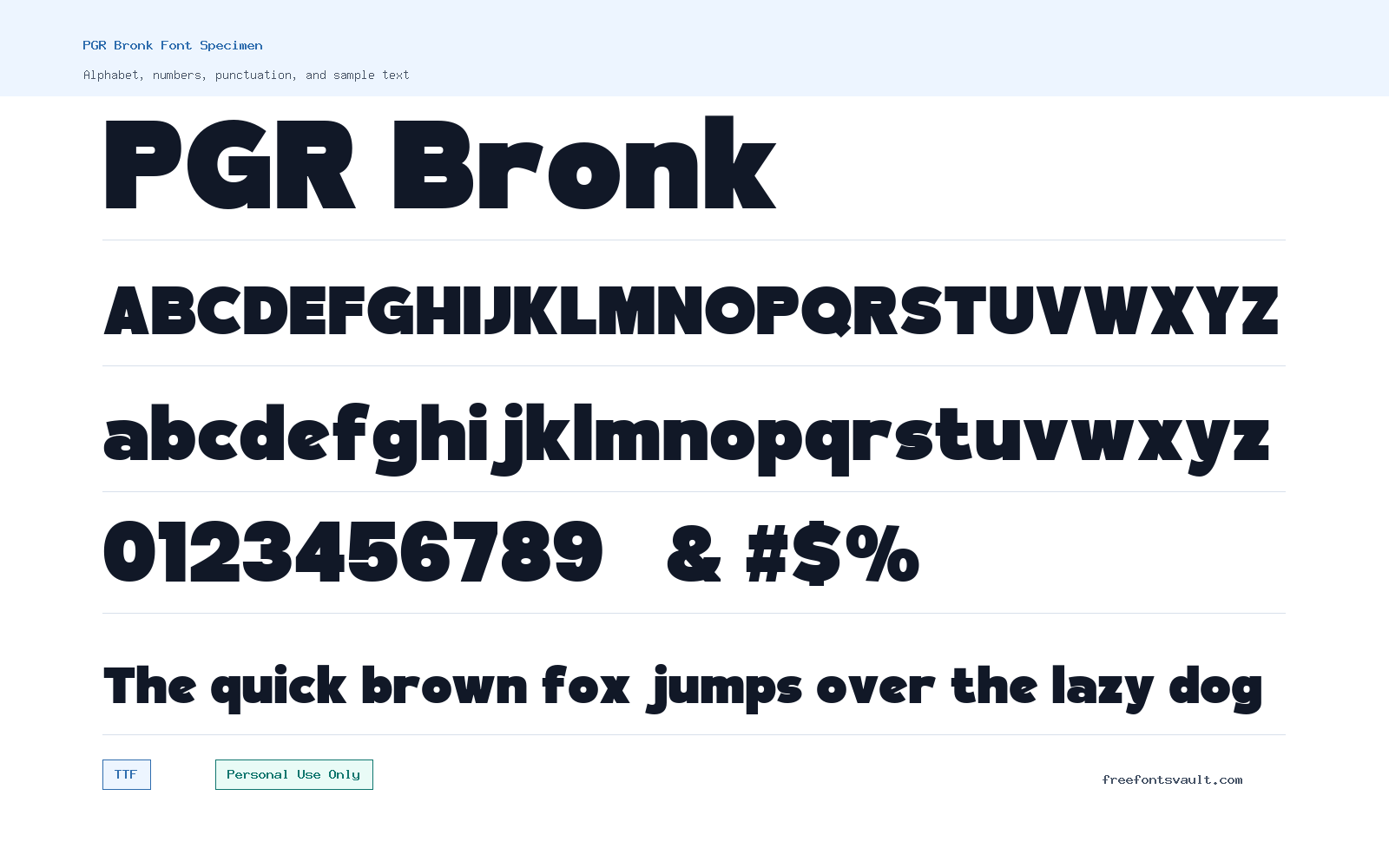 PGR Bronk font specimen showing alphabet, numbers, and sample text