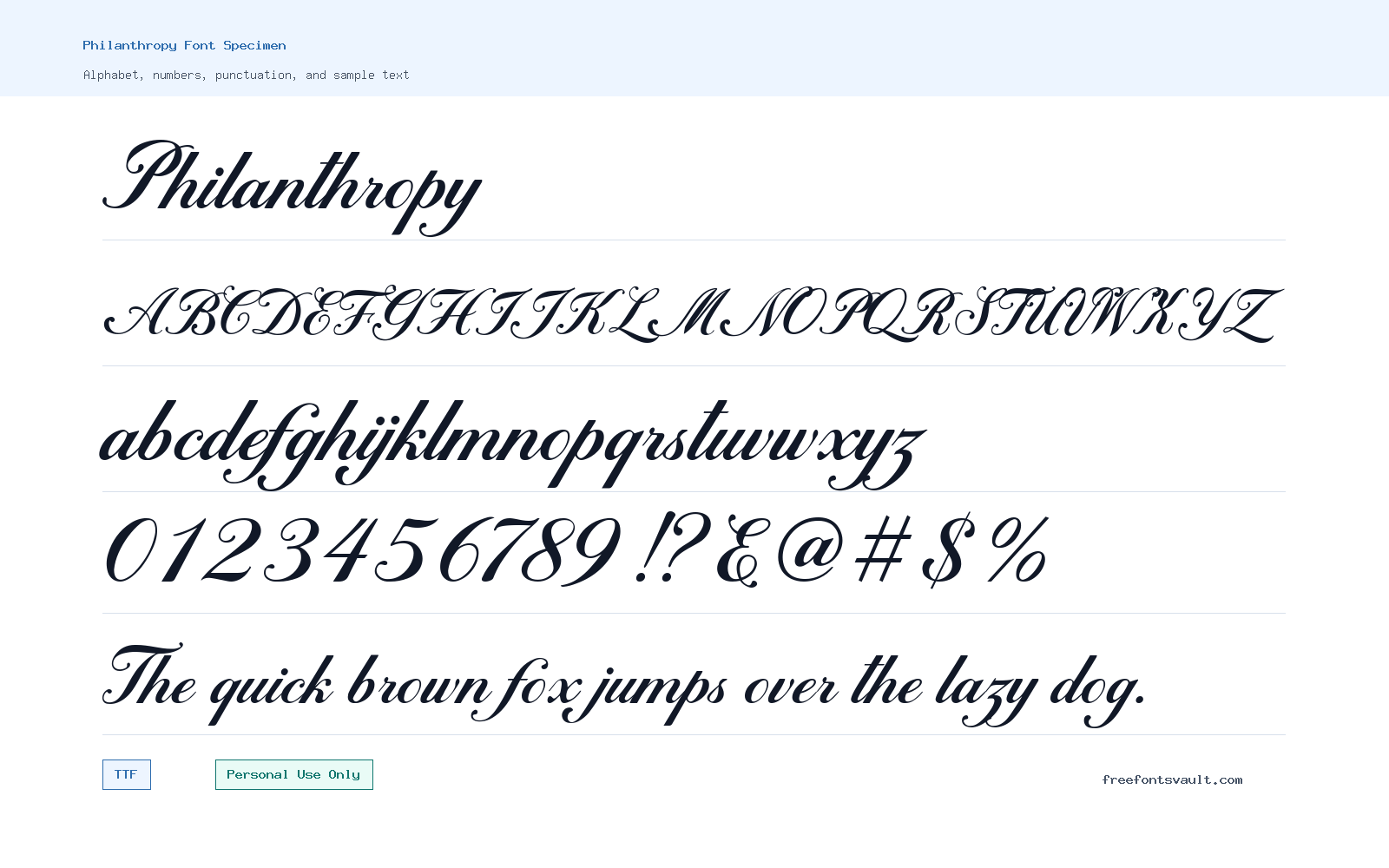 Philanthropy font specimen showing alphabet, numbers, and sample text