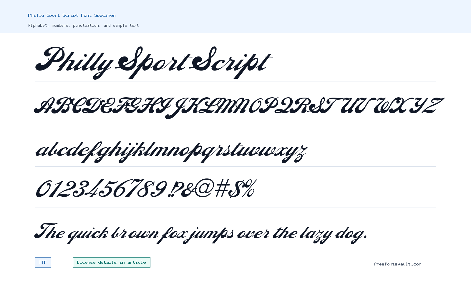 Philly Sport Script font specimen showing alphabet, numbers, and sample text