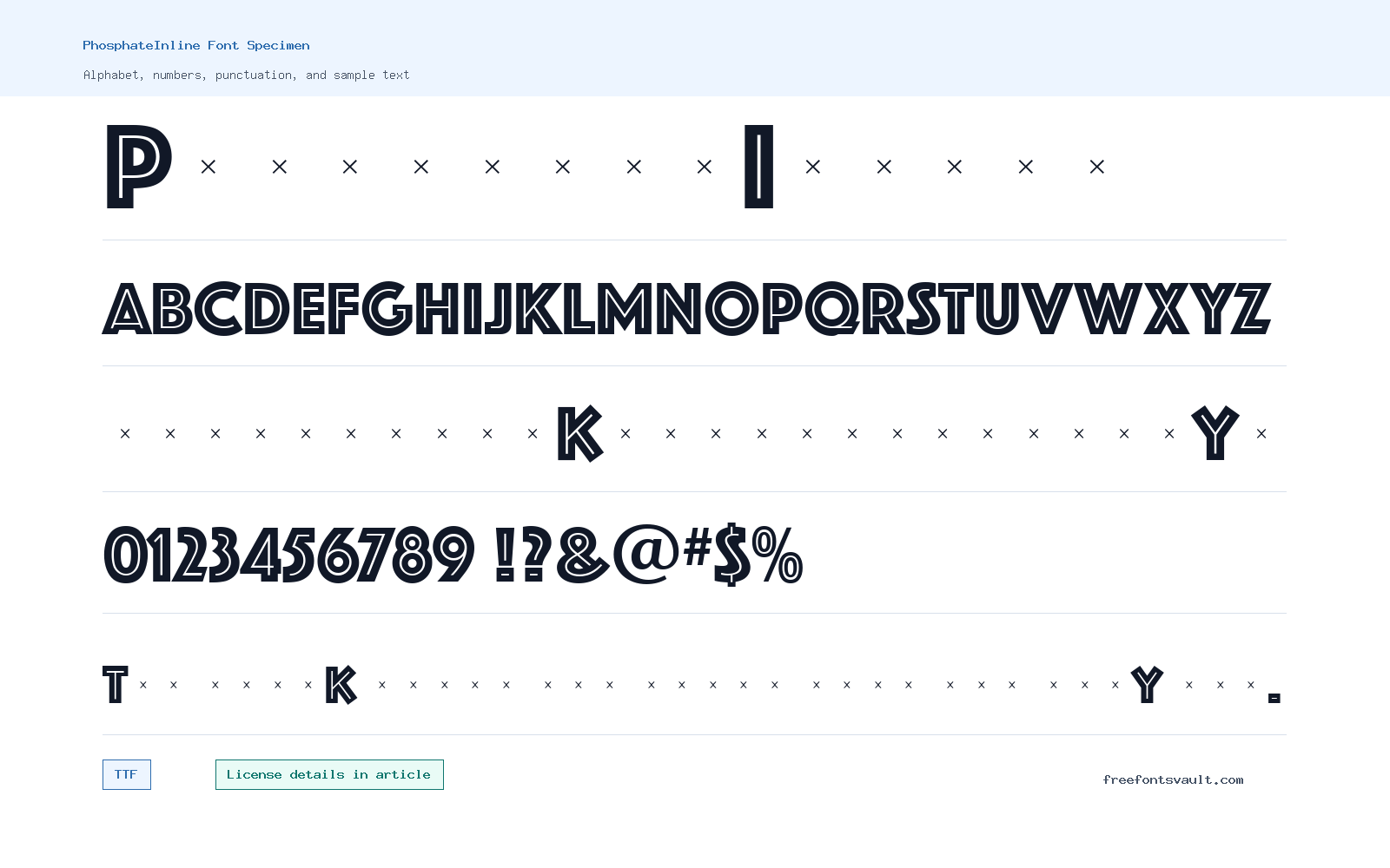PhosphateInline font specimen showing alphabet, numbers, and sample text