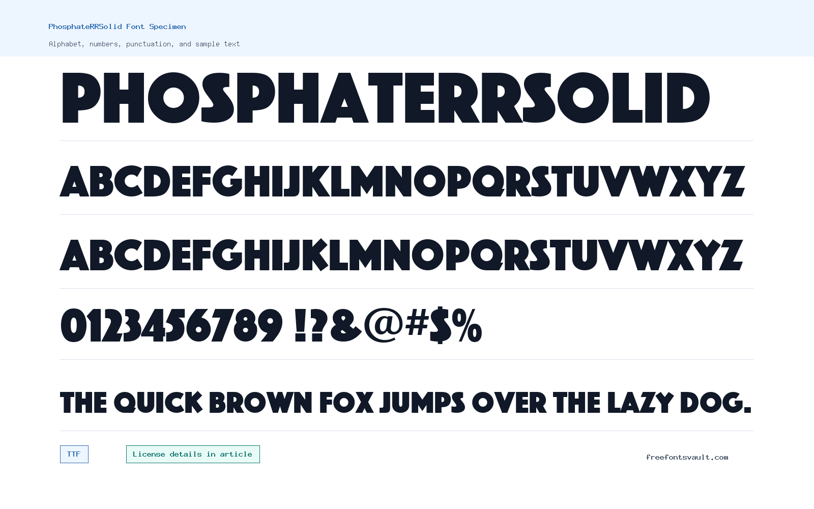 PhosphateRRSolid font specimen showing alphabet, numbers, and sample text