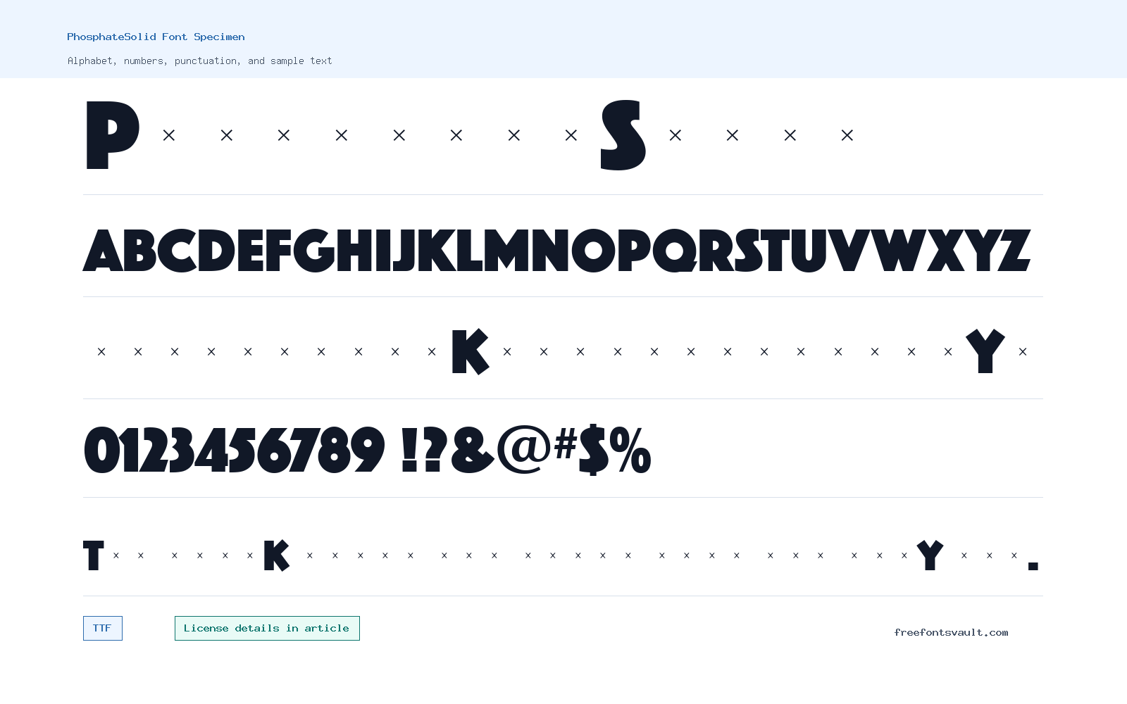 PhosphateSolid font specimen showing alphabet, numbers, and sample text