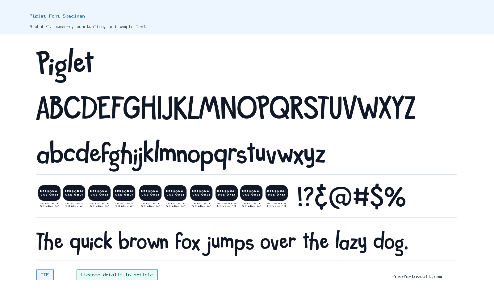 Piglet font specimen showing alphabet, numbers, and sample text
