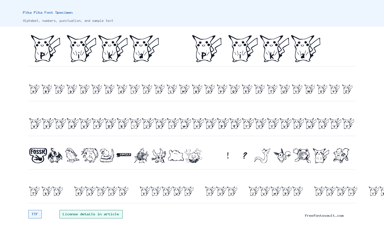 Pika Pika font specimen showing alphabet, numbers, and sample text
