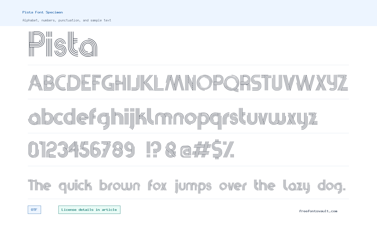 Pista font specimen showing alphabet, numbers, and sample text