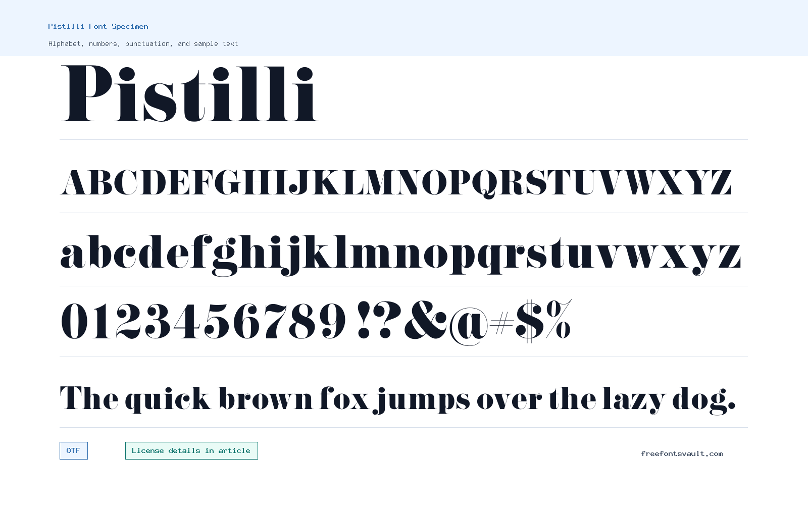 Pistilli font specimen showing alphabet, numbers, and sample text