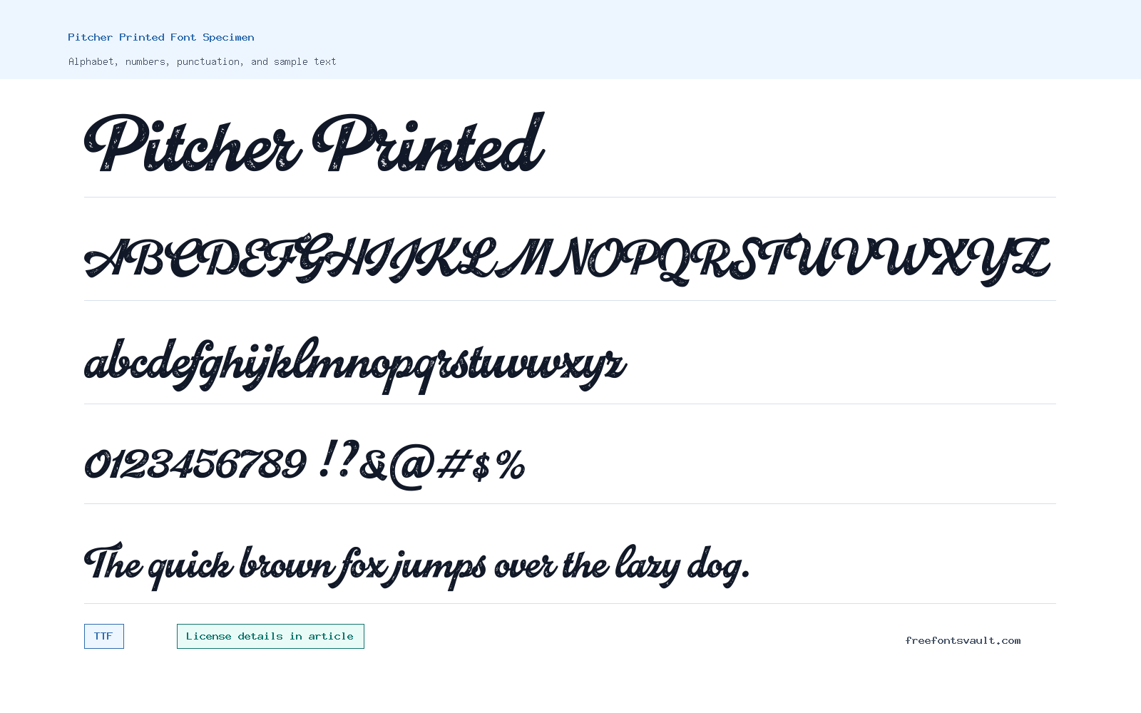 Pitcher Printed font specimen showing alphabet, numbers, and sample text