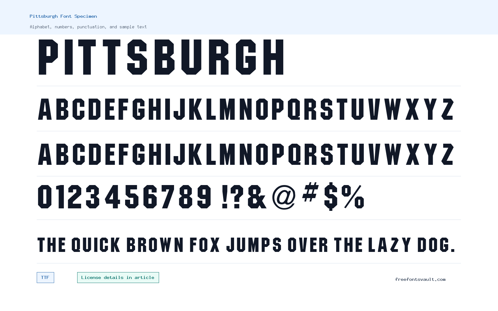 Pittsburgh font specimen showing alphabet, numbers, and sample text
