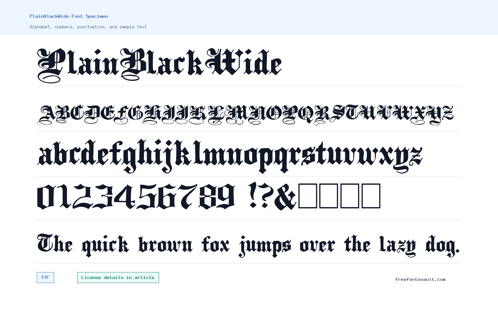 PlainBlackWide font specimen showing alphabet, numbers, and sample text