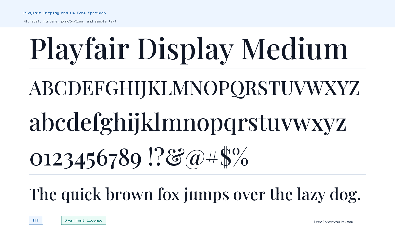 Playfair Display Medium font specimen showing alphabet, numbers, and sample text