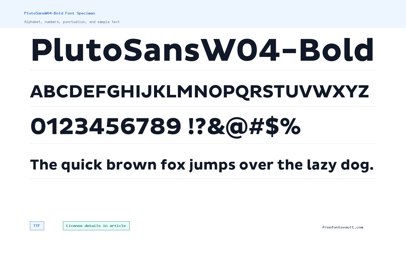 PlutoSansW04-Bold font specimen showing alphabet, numbers, and sample text