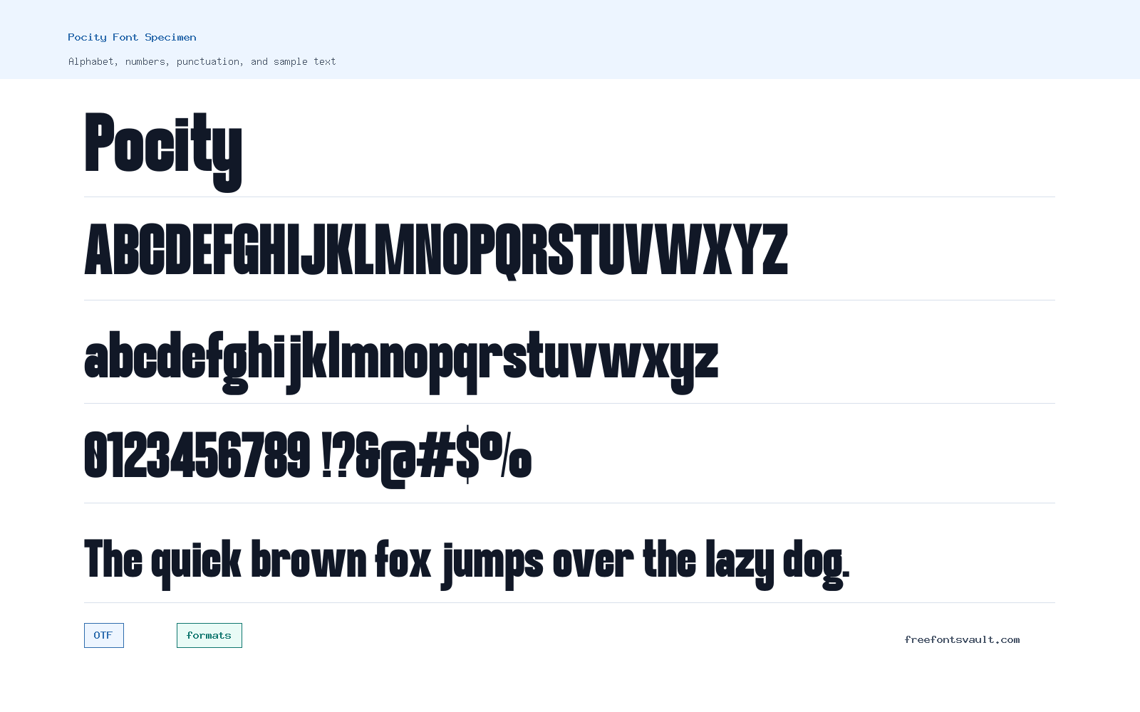 Pocity font specimen showing alphabet, numbers, and sample text