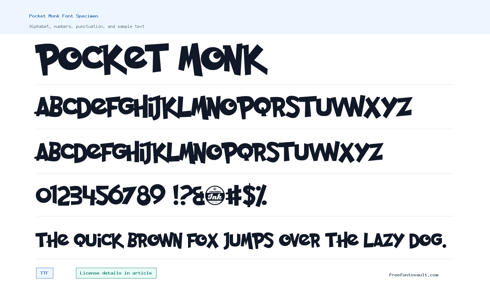 Pocket Monk font specimen showing alphabet, numbers, and sample text