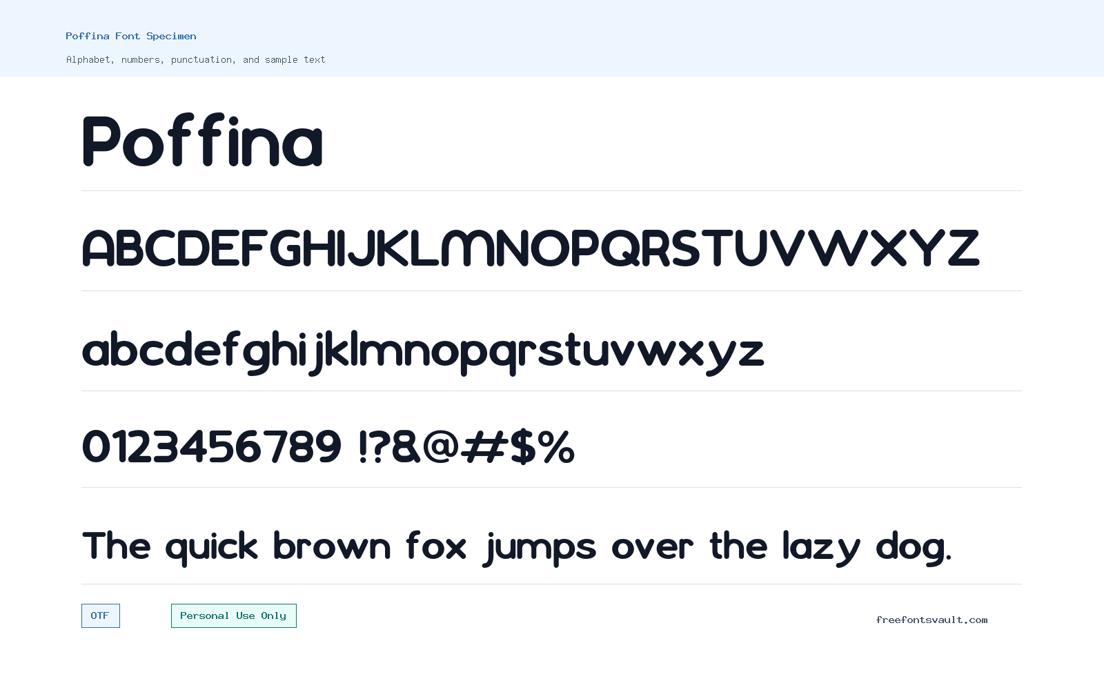 Poffina font specimen showing alphabet, numbers, and sample text