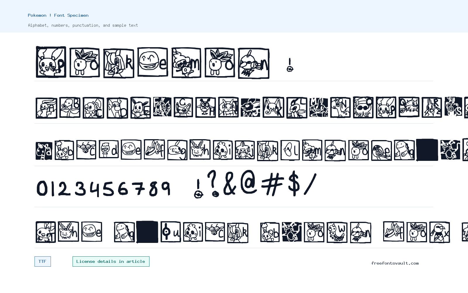Pokemon ! font specimen showing alphabet, numbers, and sample text