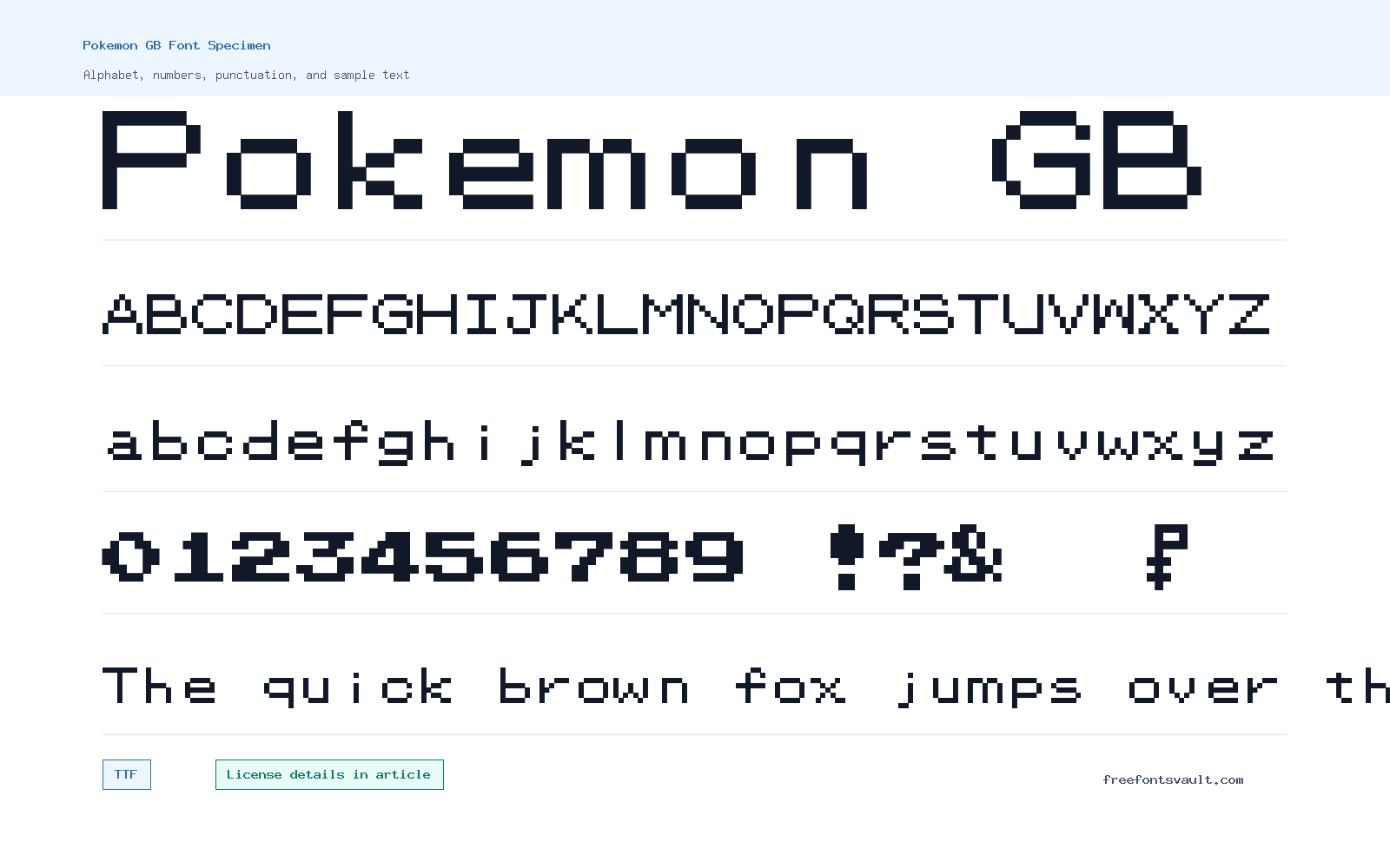 Pokemon GB font specimen showing alphabet, numbers, and sample text