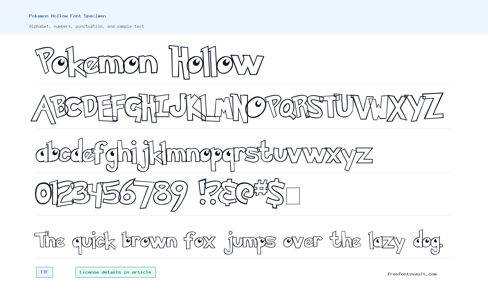 Pokemon Hollow font specimen showing alphabet, numbers, and sample text