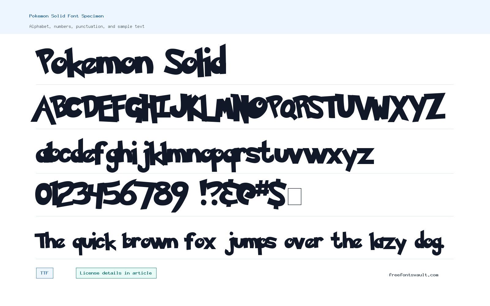 Pokemon Solid font specimen showing alphabet, numbers, and sample text