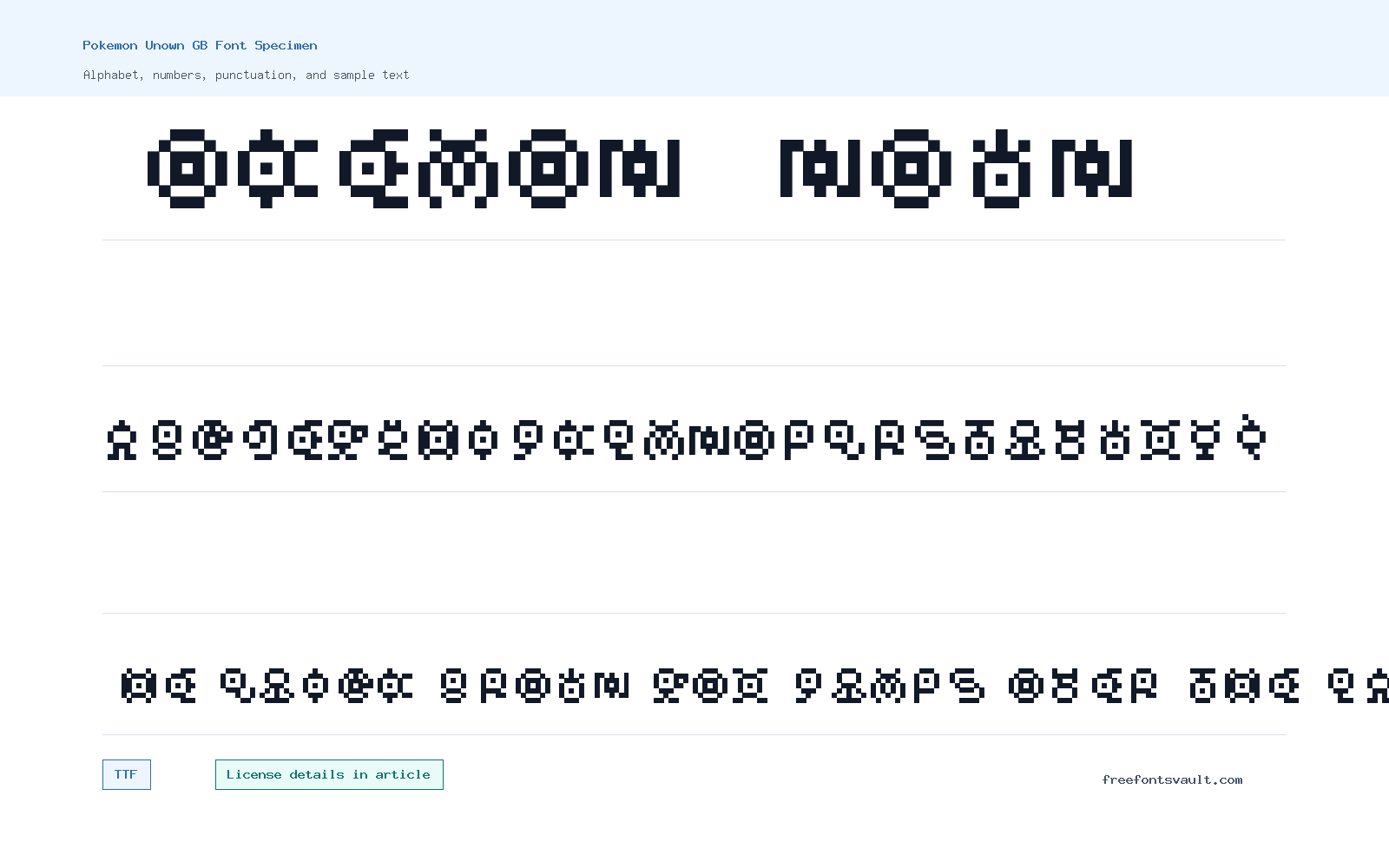 Pokemon Unown GB font specimen showing alphabet, numbers, and sample text
