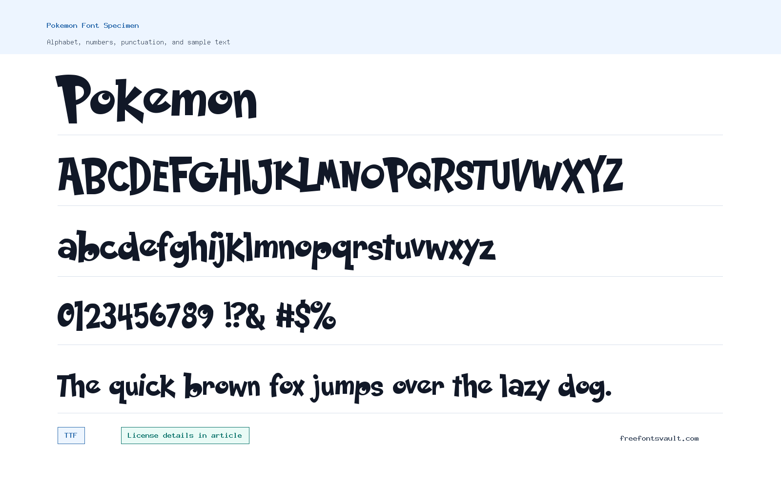 Pokemon font specimen showing alphabet, numbers, and sample text