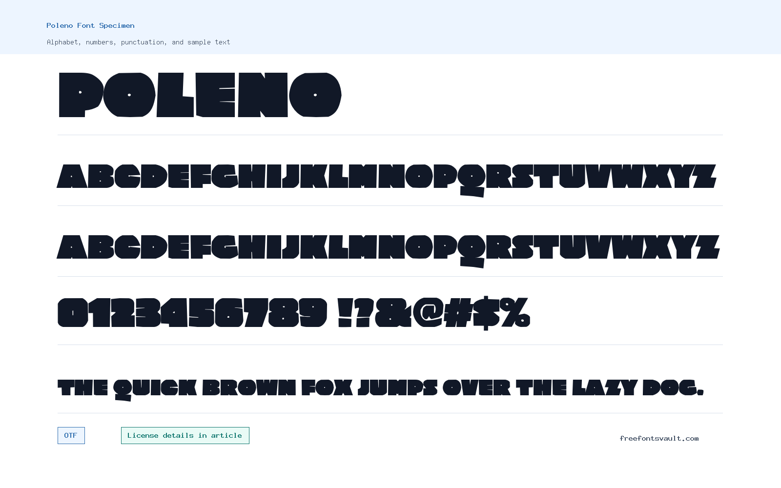 Poleno font specimen showing alphabet, numbers, and sample text