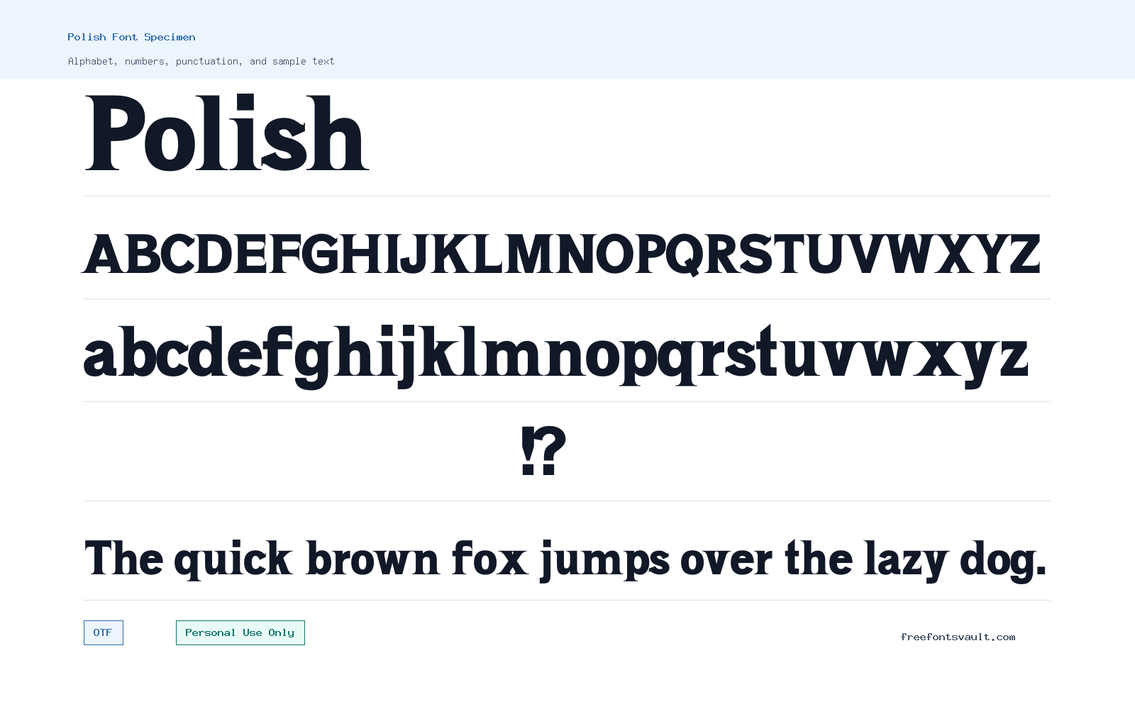 Polish font specimen showing alphabet, numbers, and sample text