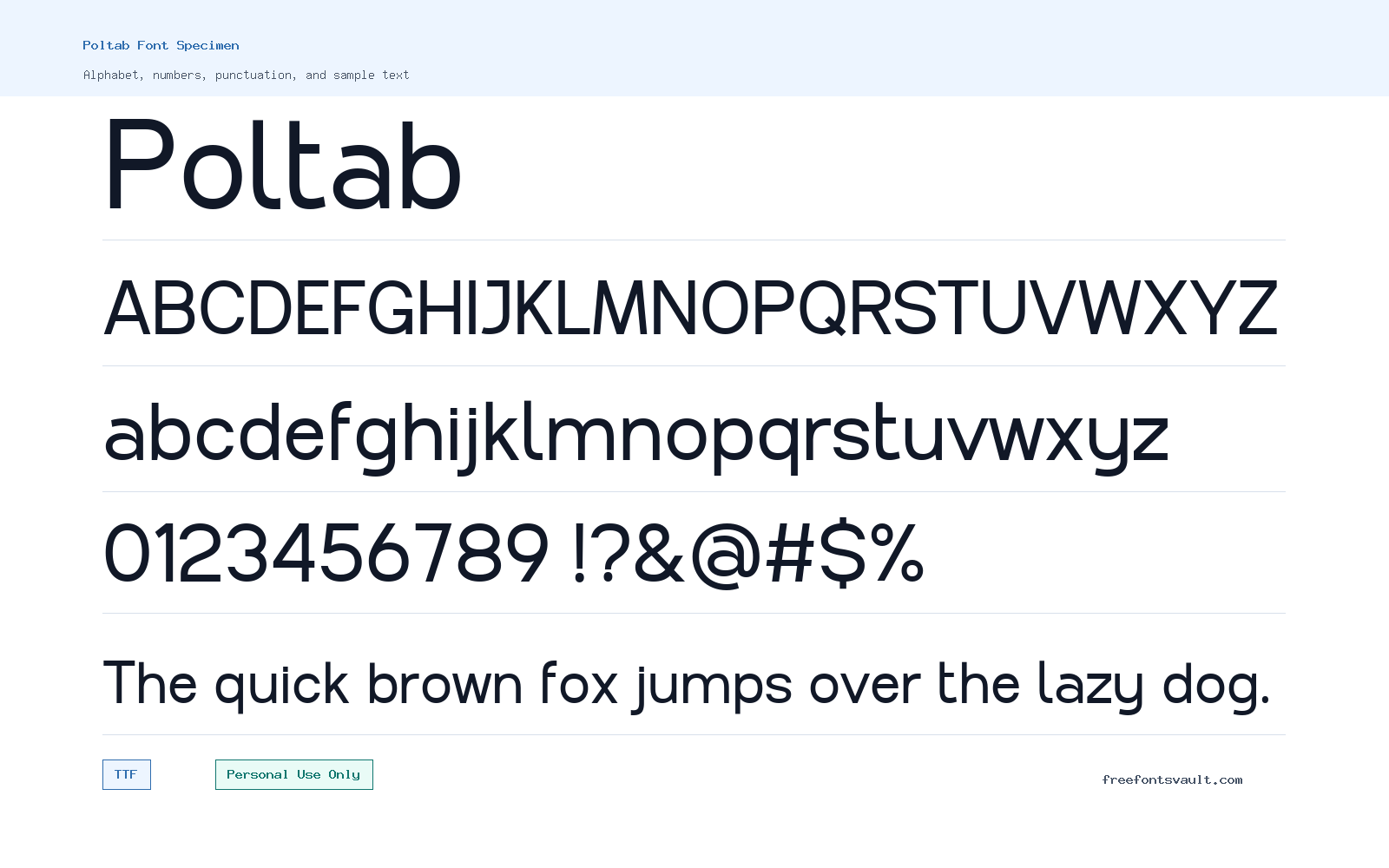 Poltab font specimen showing alphabet, numbers, and sample text