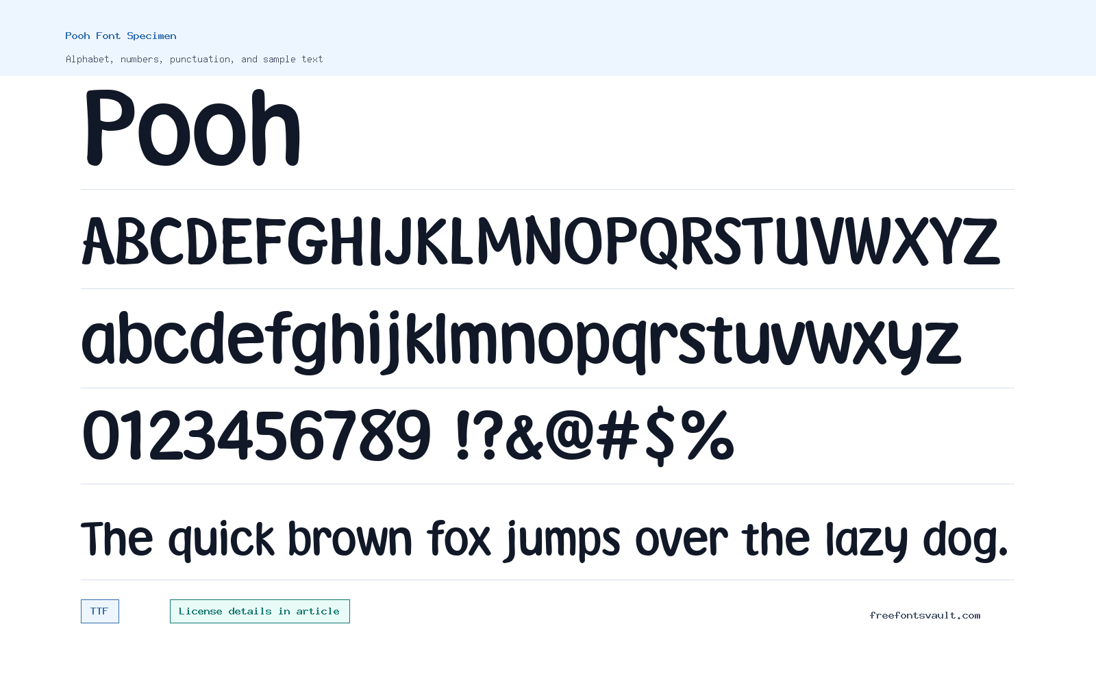 Pooh font specimen showing alphabet, numbers, and sample text