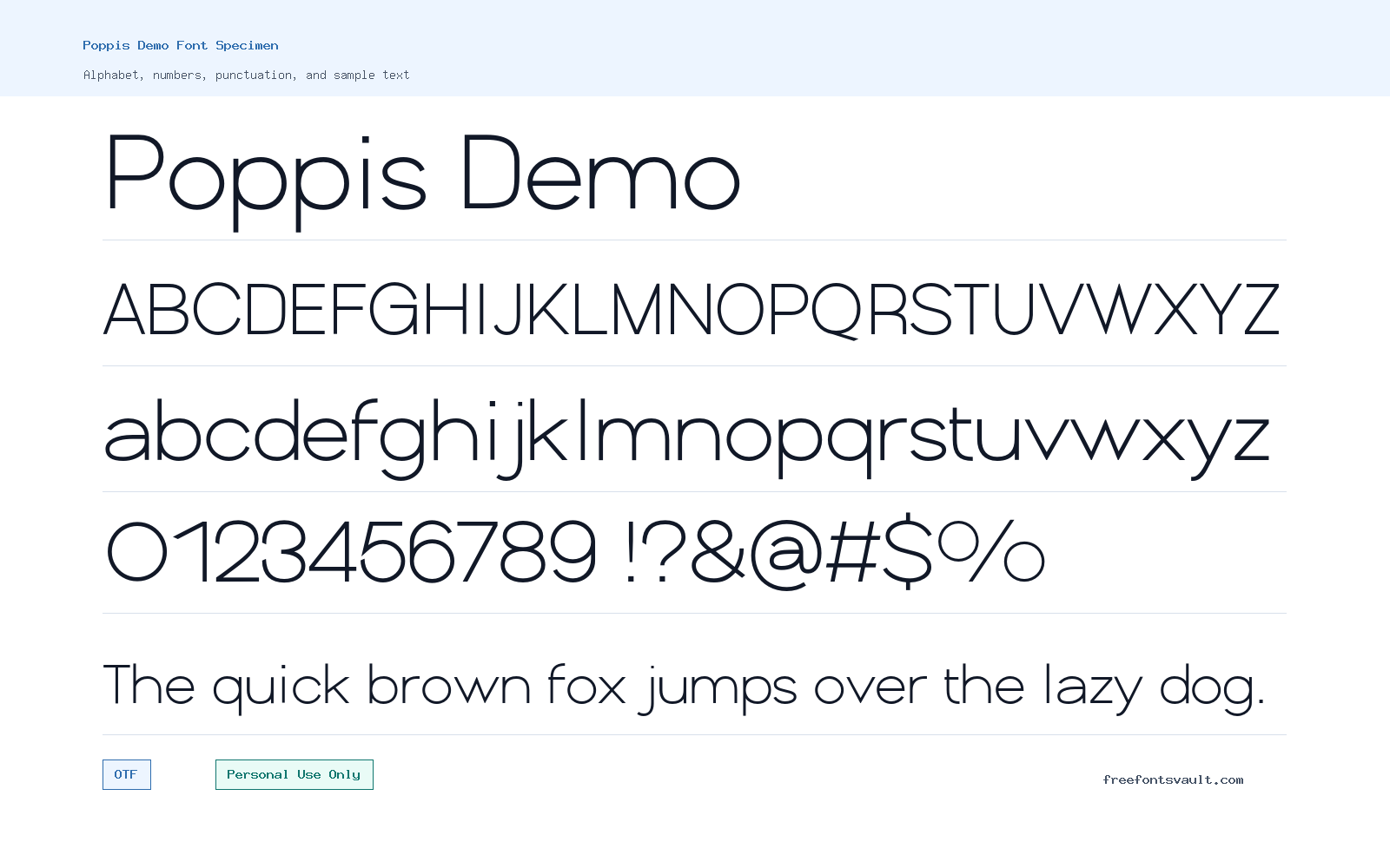 Poppis Demo font specimen showing alphabet, numbers, and sample text