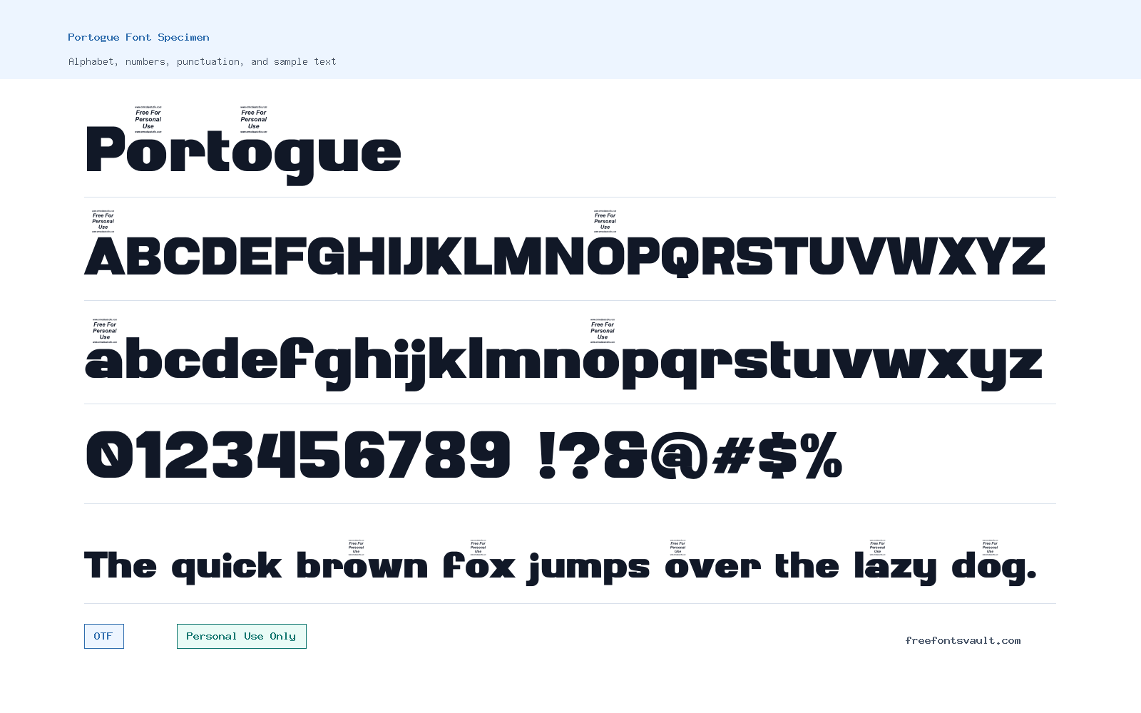 Portogue font specimen showing alphabet, numbers, and sample text