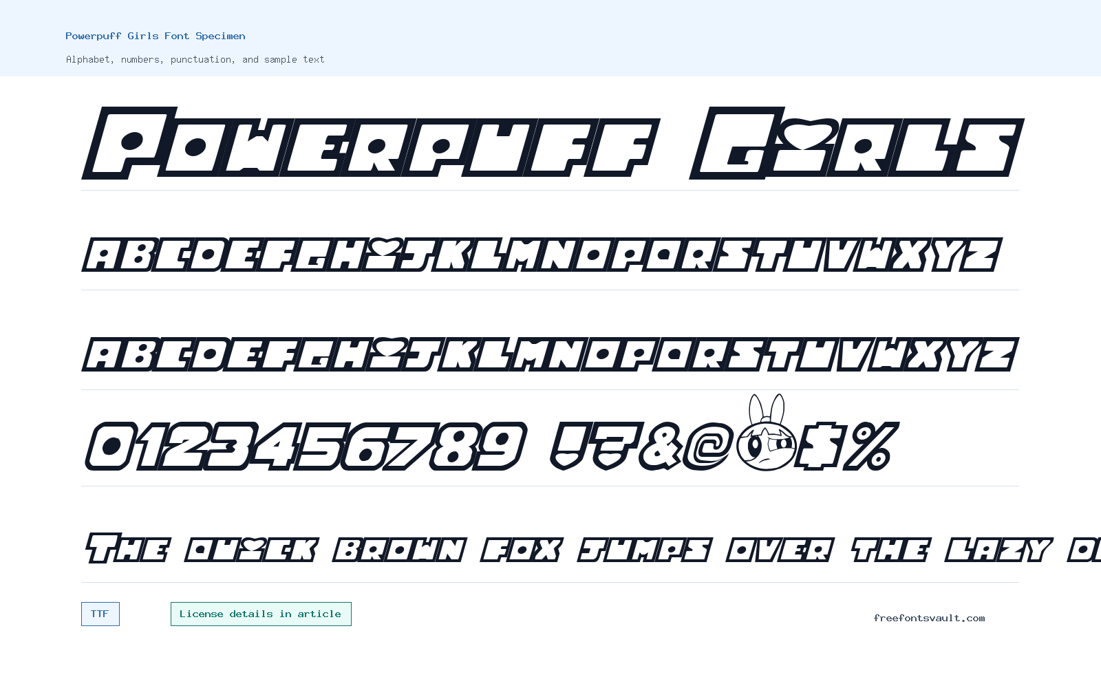 Powerpuff Girls font specimen showing alphabet, numbers, and sample text