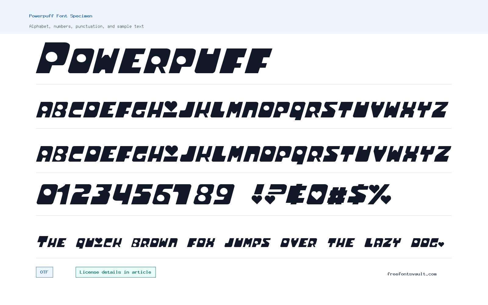 Powerpuff font specimen showing alphabet, numbers, and sample text
