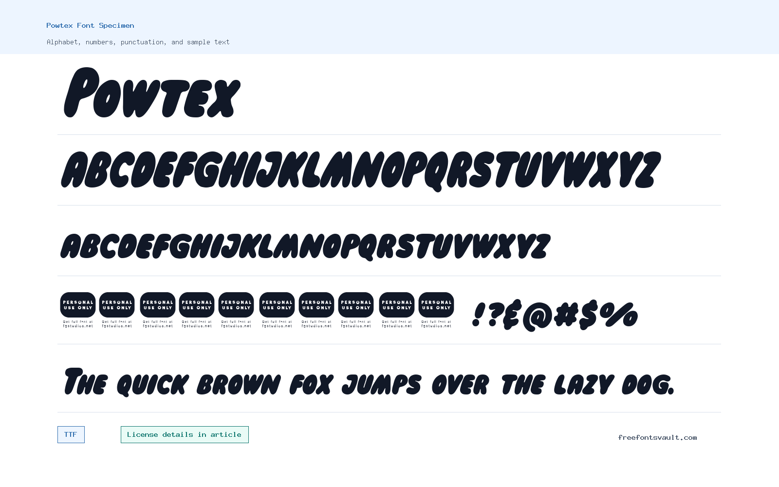 Powtex font specimen showing alphabet, numbers, and sample text