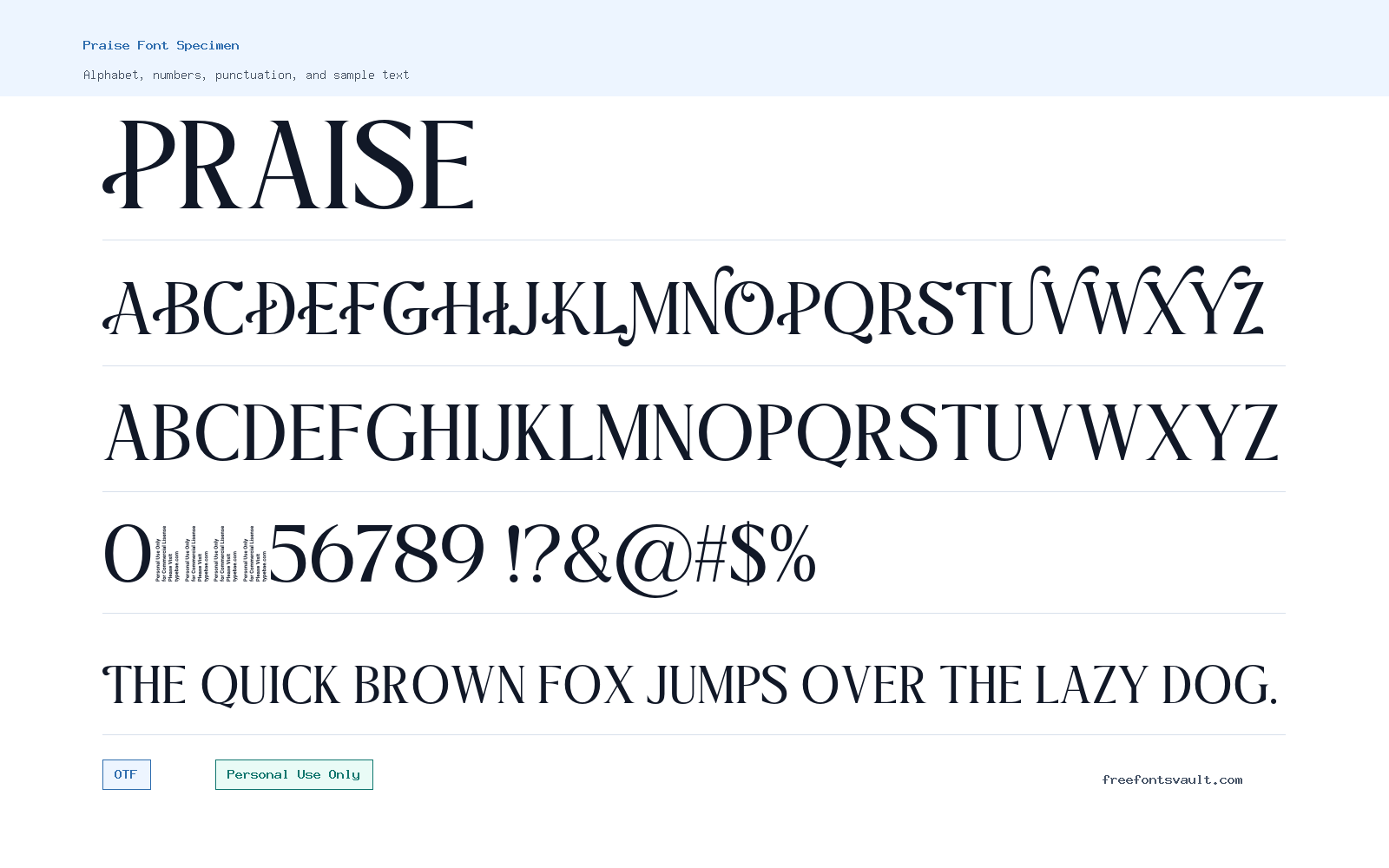 Praise font specimen showing alphabet, numbers, and sample text