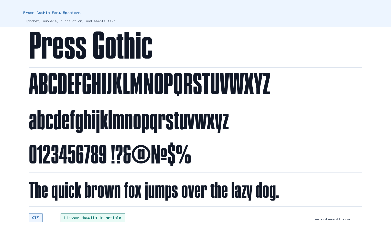 Press Gothic font specimen showing alphabet, numbers, and sample text