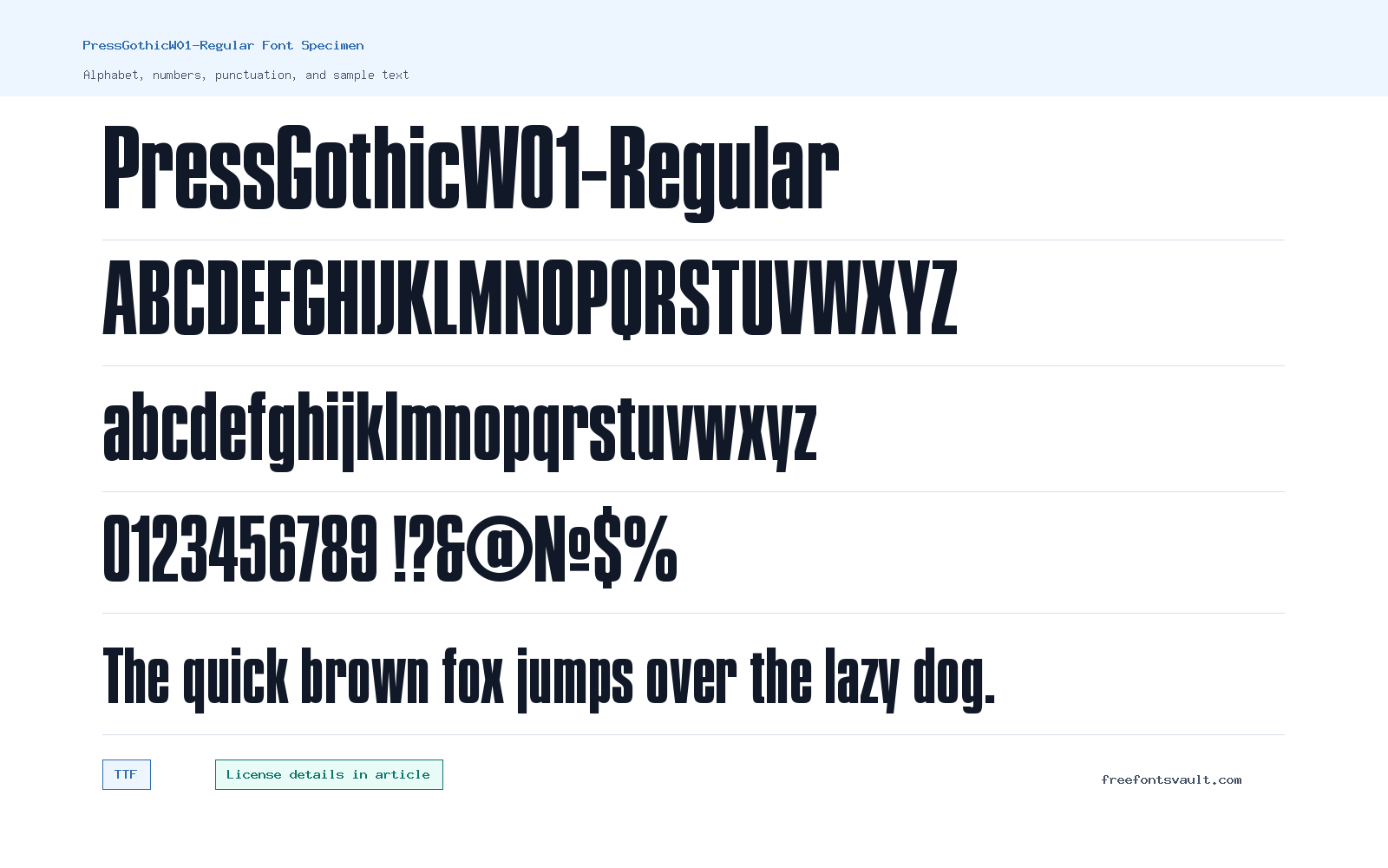 PressGothicW01-Regular font specimen showing alphabet, numbers, and sample text