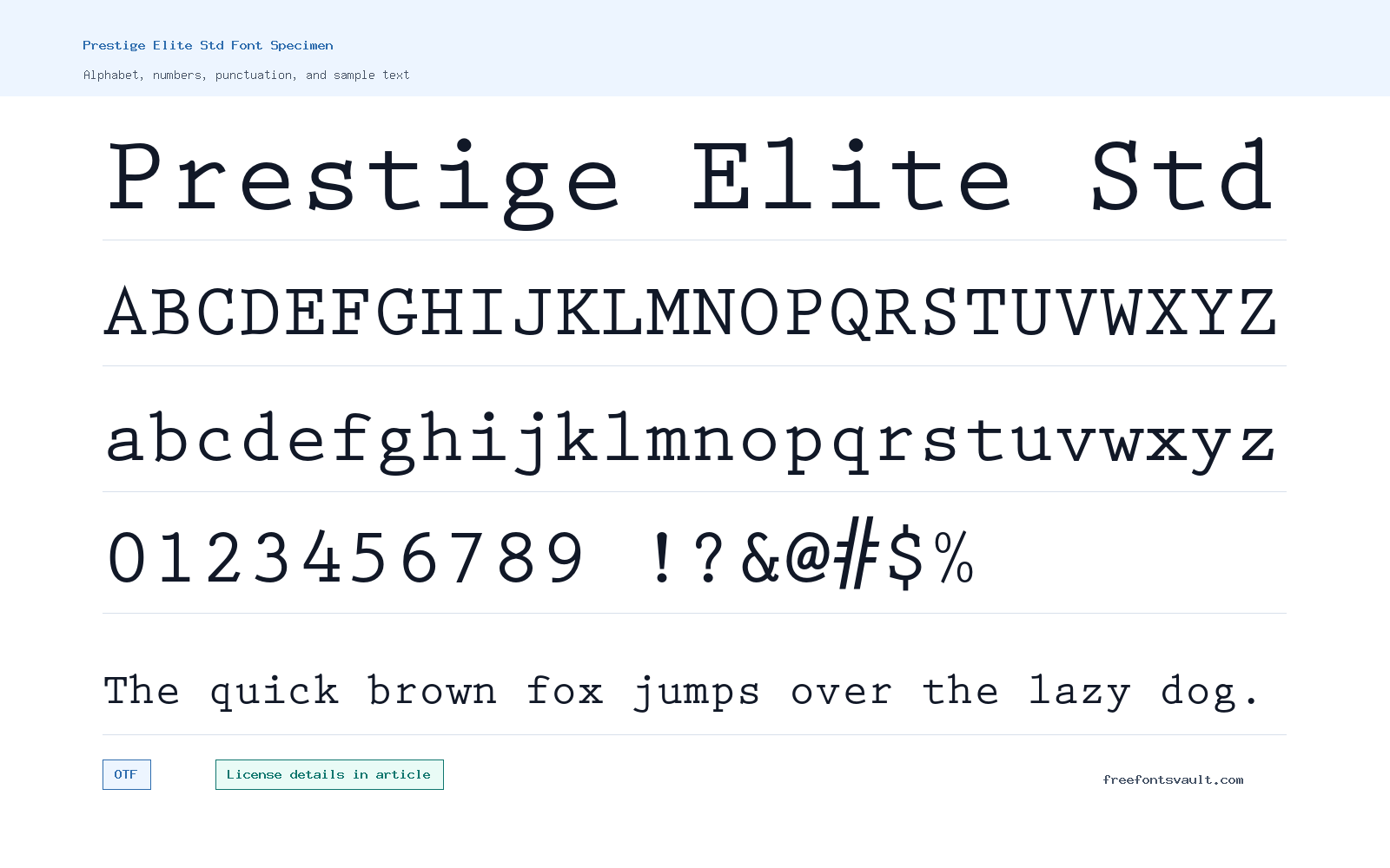 Prestige Elite Std font specimen showing alphabet, numbers, and sample text