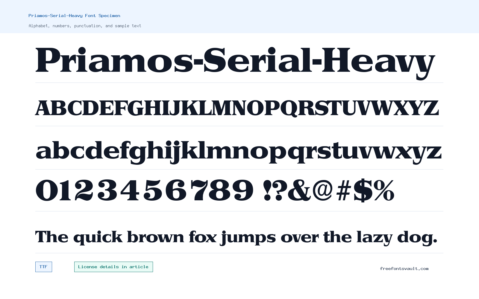 Priamos-Serial-Heavy font specimen showing alphabet, numbers, and sample text