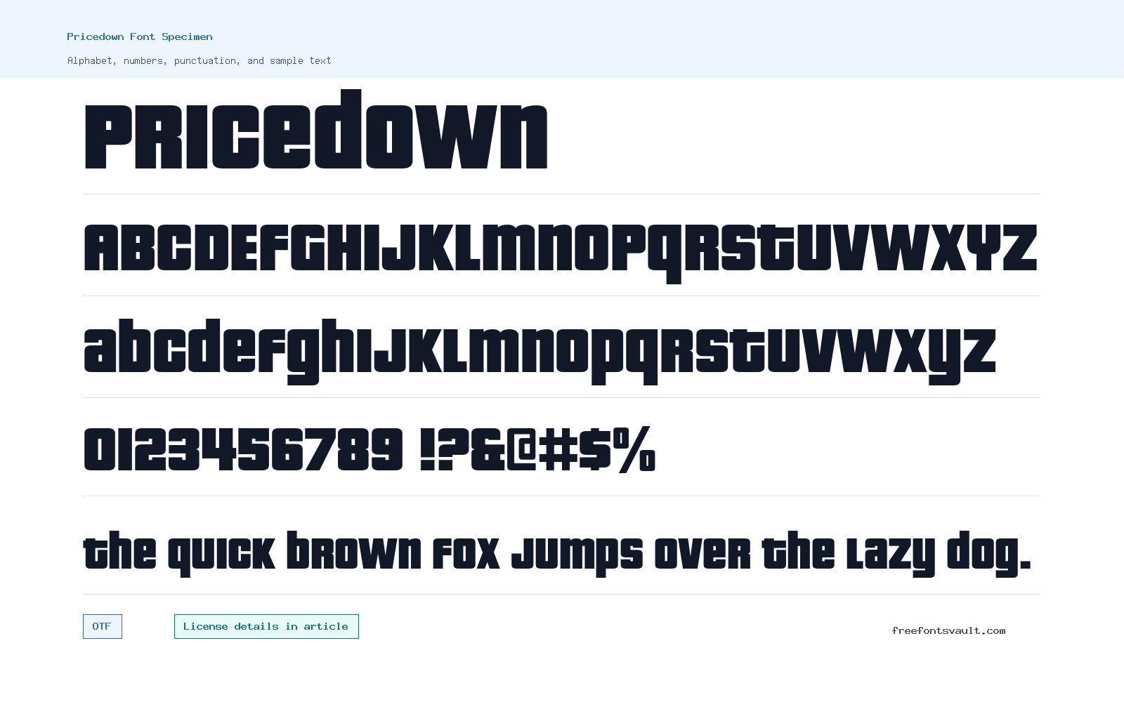 Pricedown font specimen showing alphabet, numbers, and sample text