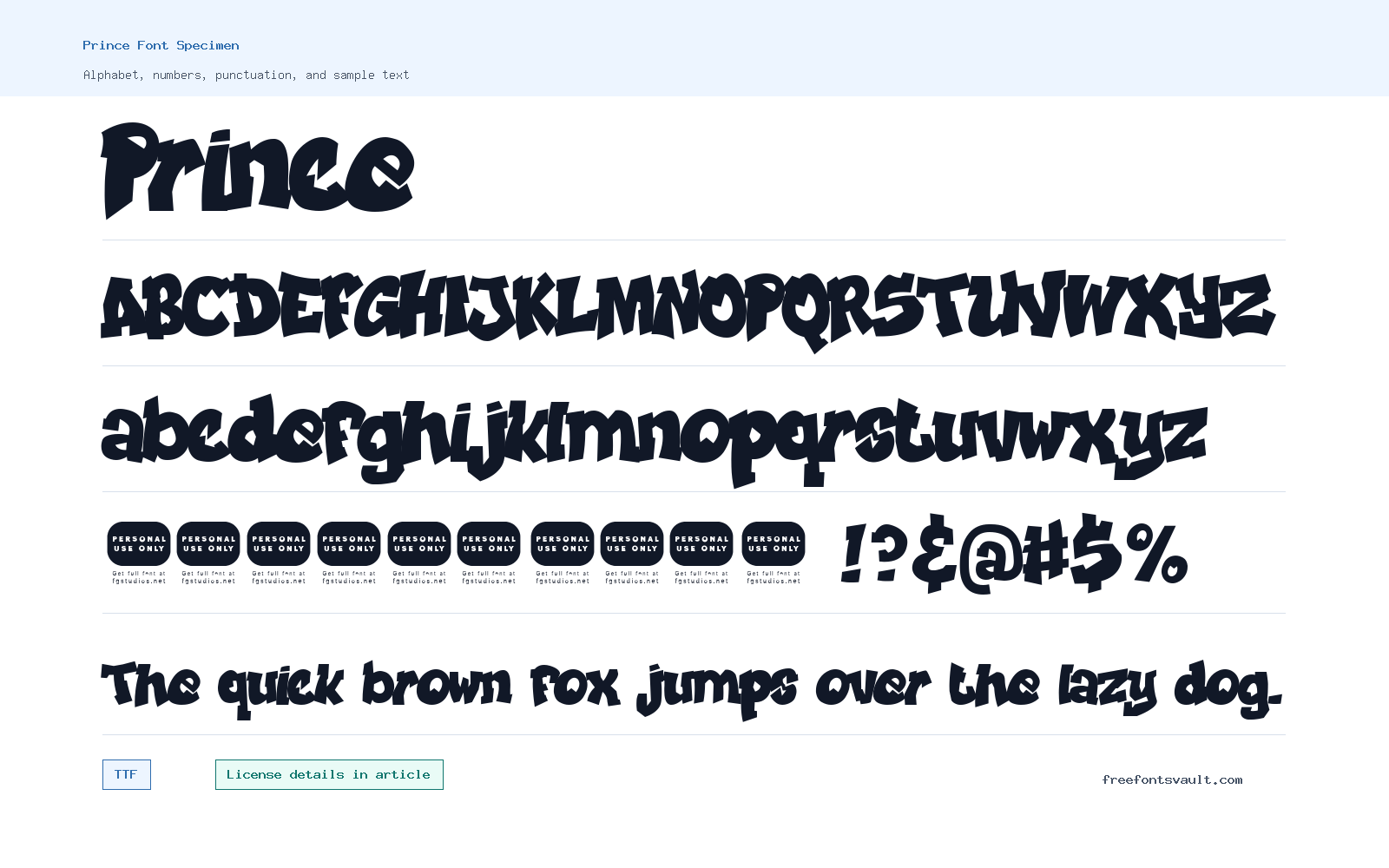 Prince font specimen showing alphabet, numbers, and sample text