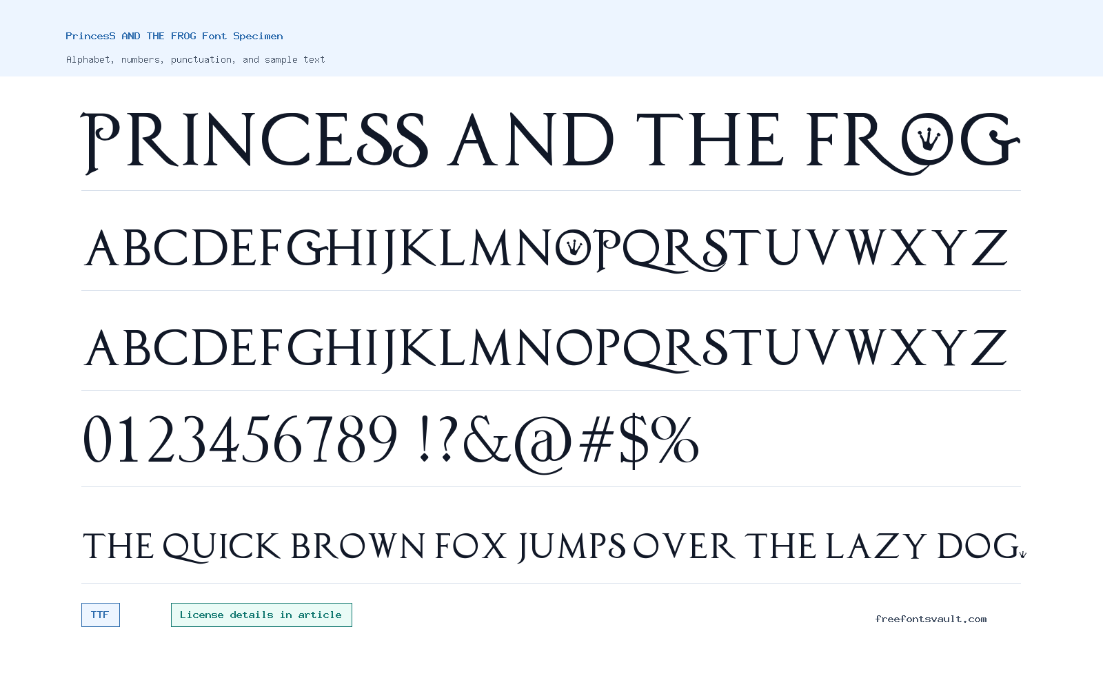 PrincesS AND THE FROG font specimen showing alphabet, numbers, and sample text