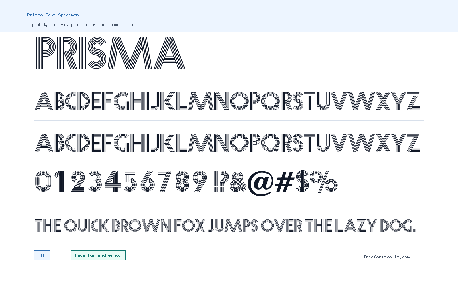 Prisma font specimen showing alphabet, numbers, and sample text