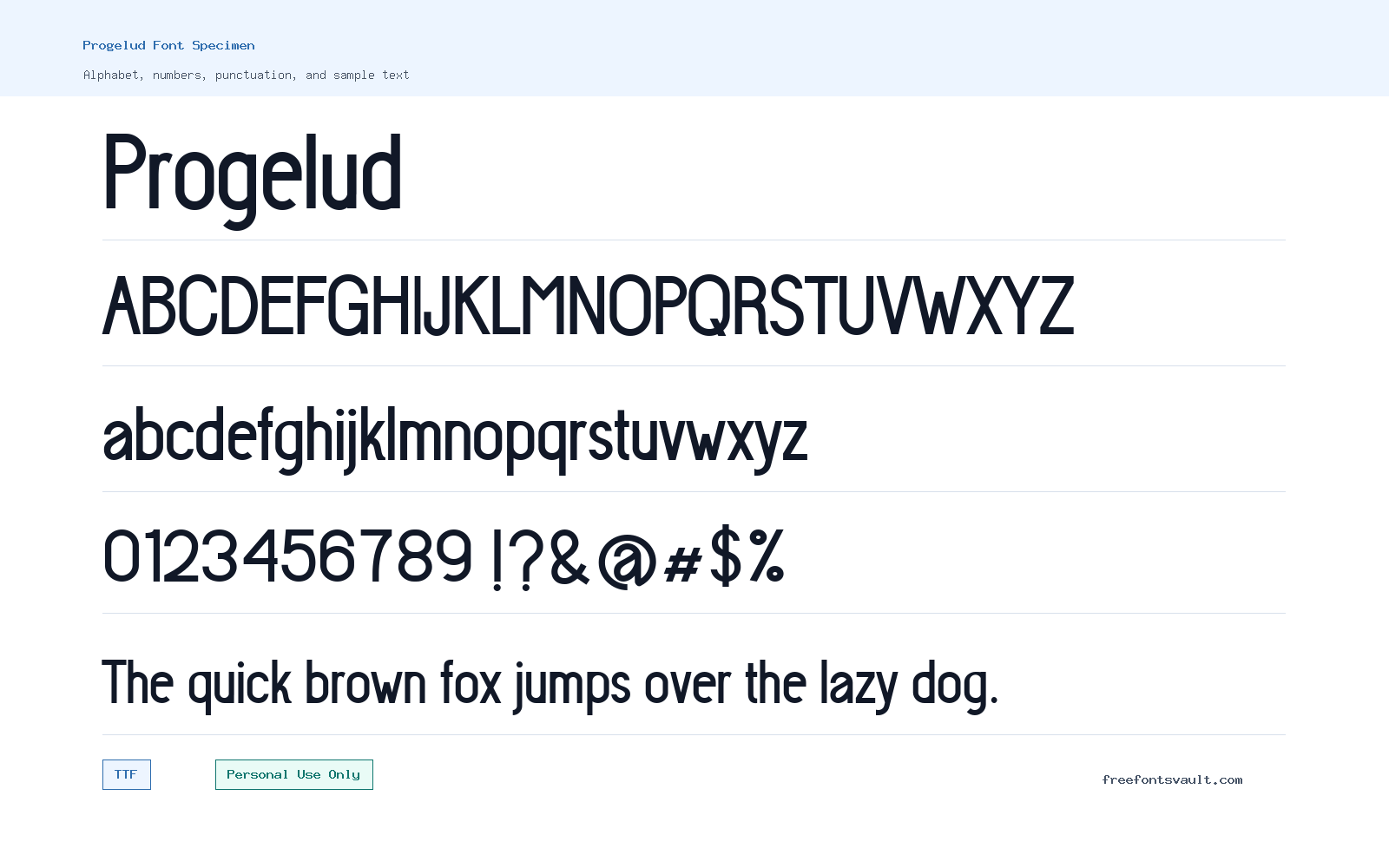 Progelud font specimen showing alphabet, numbers, and sample text