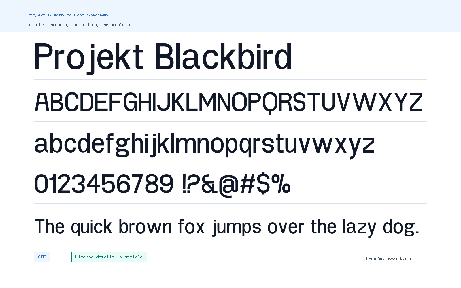 Projekt Blackbird font specimen showing alphabet, numbers, and sample text
