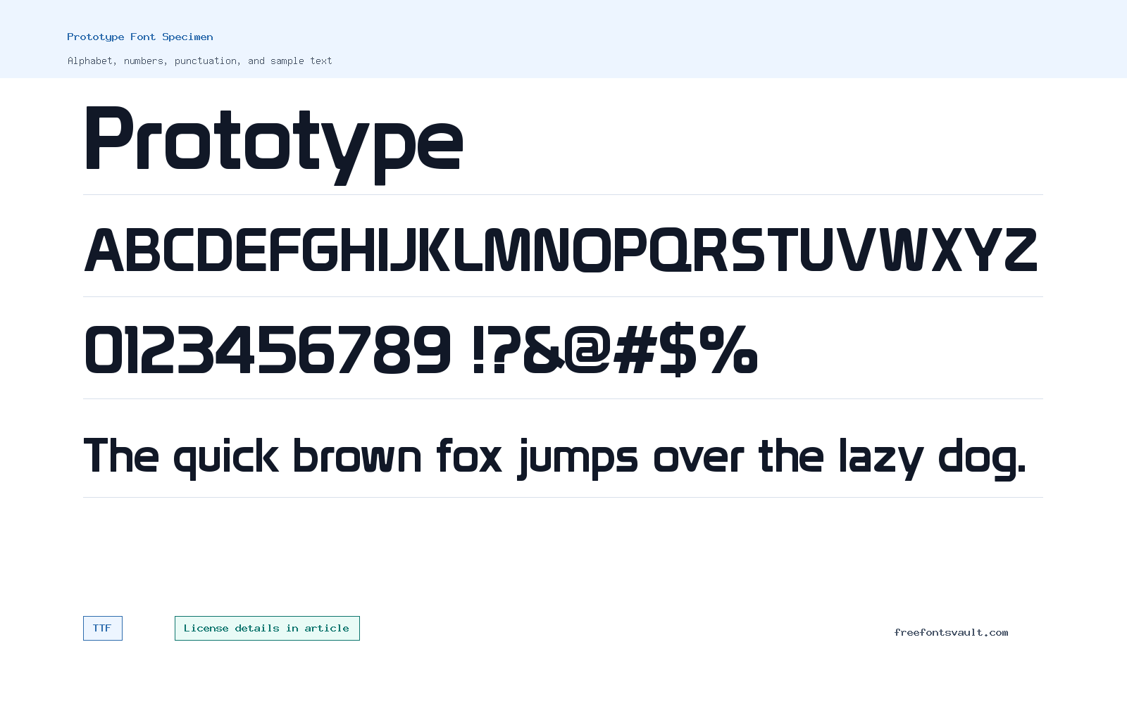 Prototype font specimen showing alphabet, numbers, and sample text