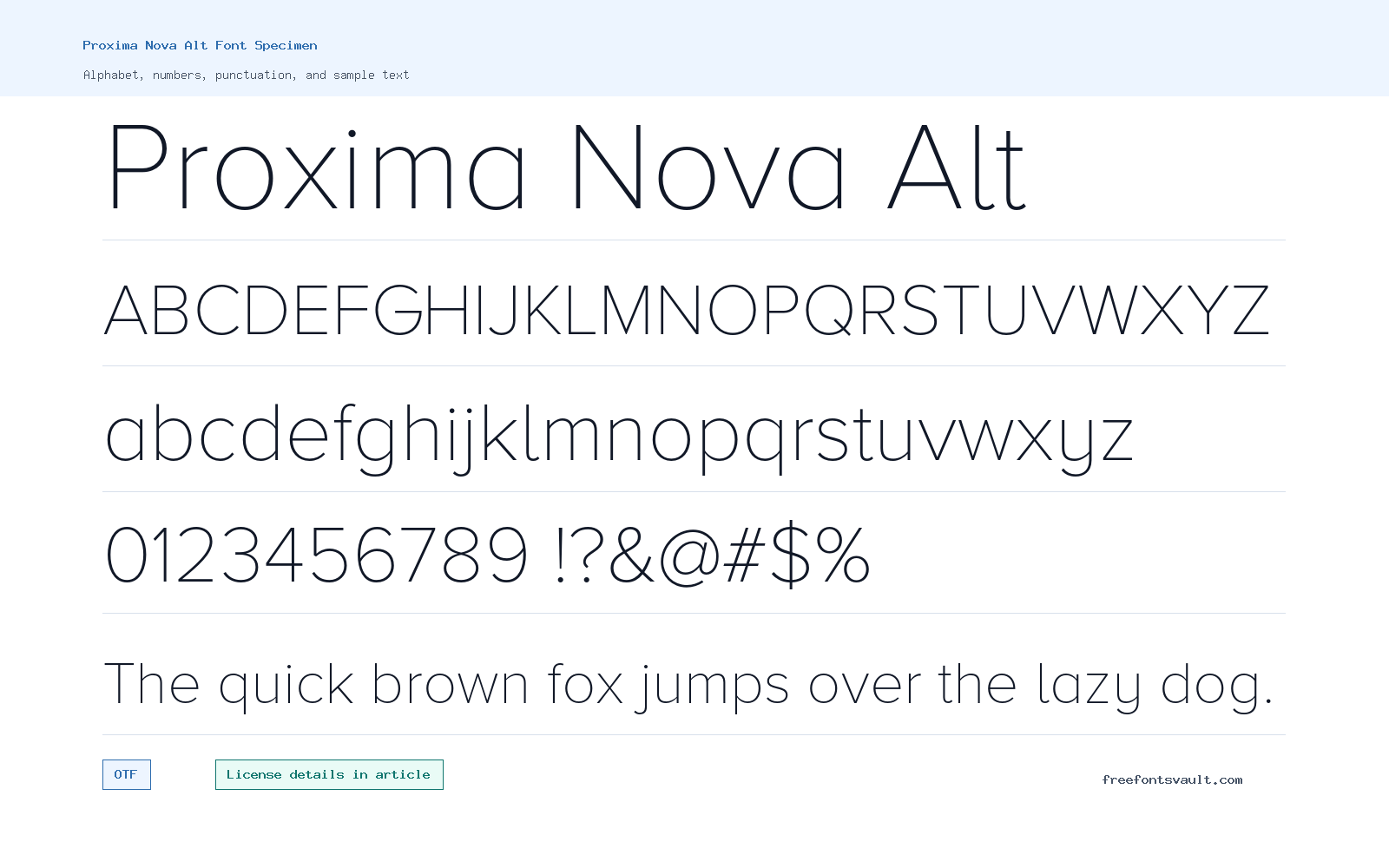 Proxima Nova Alt font specimen showing alphabet, numbers, and sample text