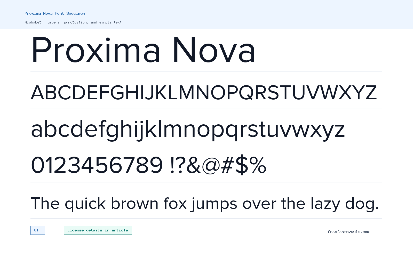 Proxima Nova font specimen showing alphabet, numbers, and sample text