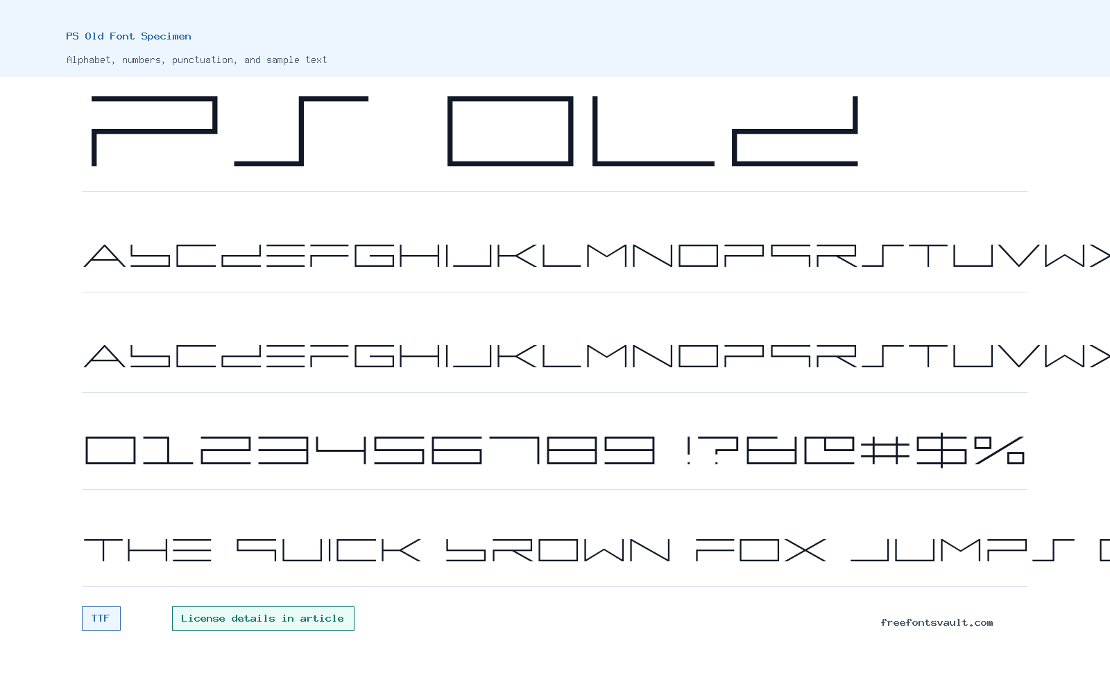 PS Old font specimen showing alphabet, numbers, and sample text