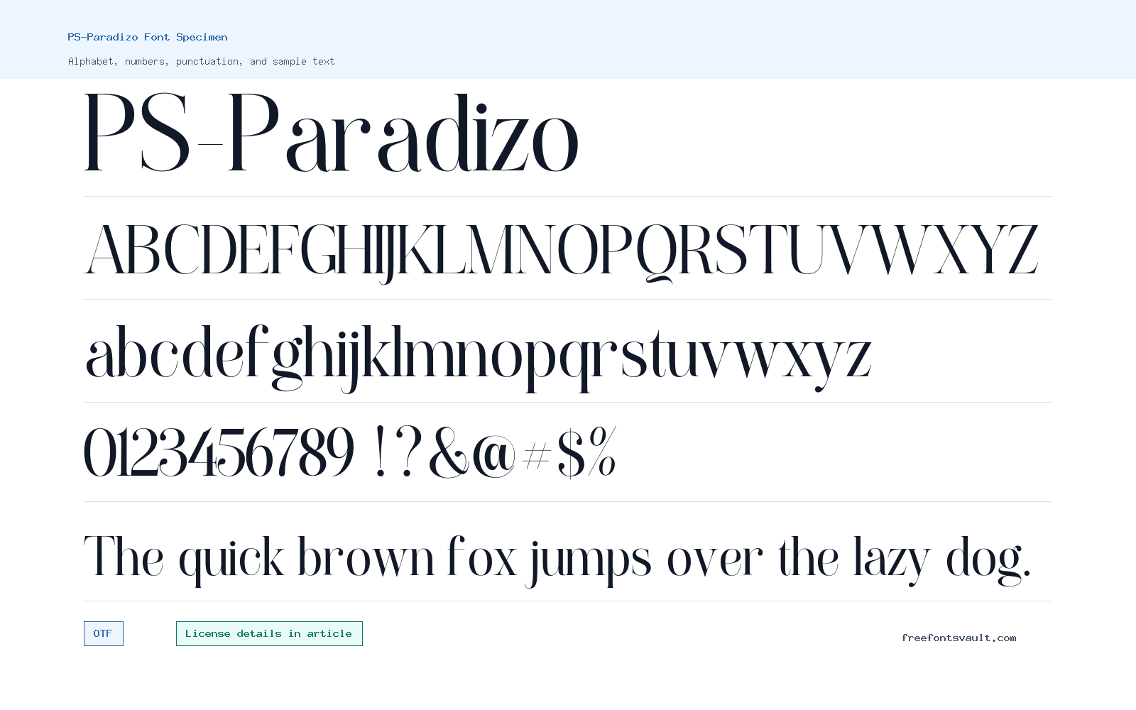 PS-Paradizo font specimen showing alphabet, numbers, and sample text